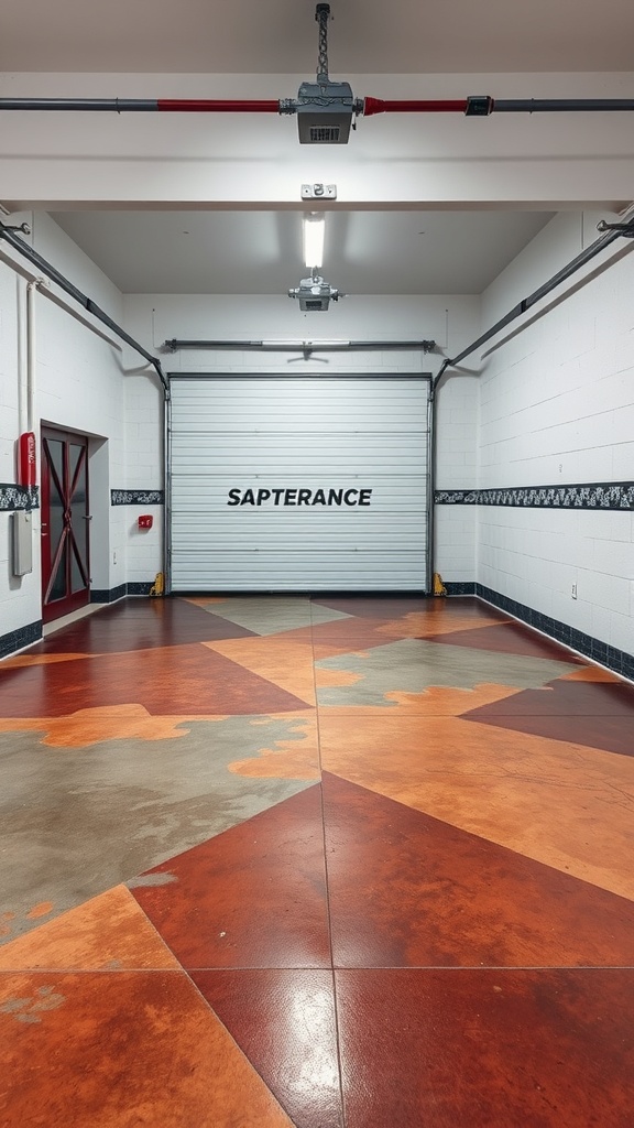 A modern stained concrete garage floor with a geometric pattern in warm tones.