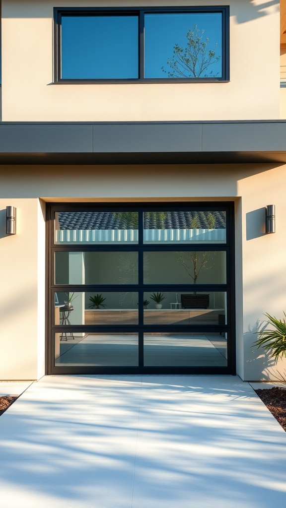 A contemporary glass garage door framed in dark materials, showcasing a modern home design.