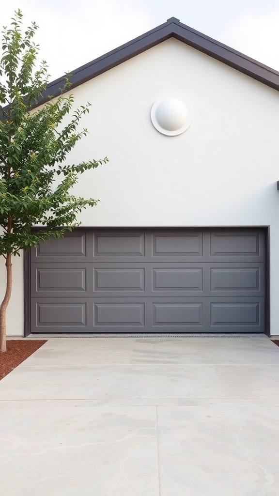 A contemporary gray panel garage door on a modern home with a white exterior and a small tree in front.
