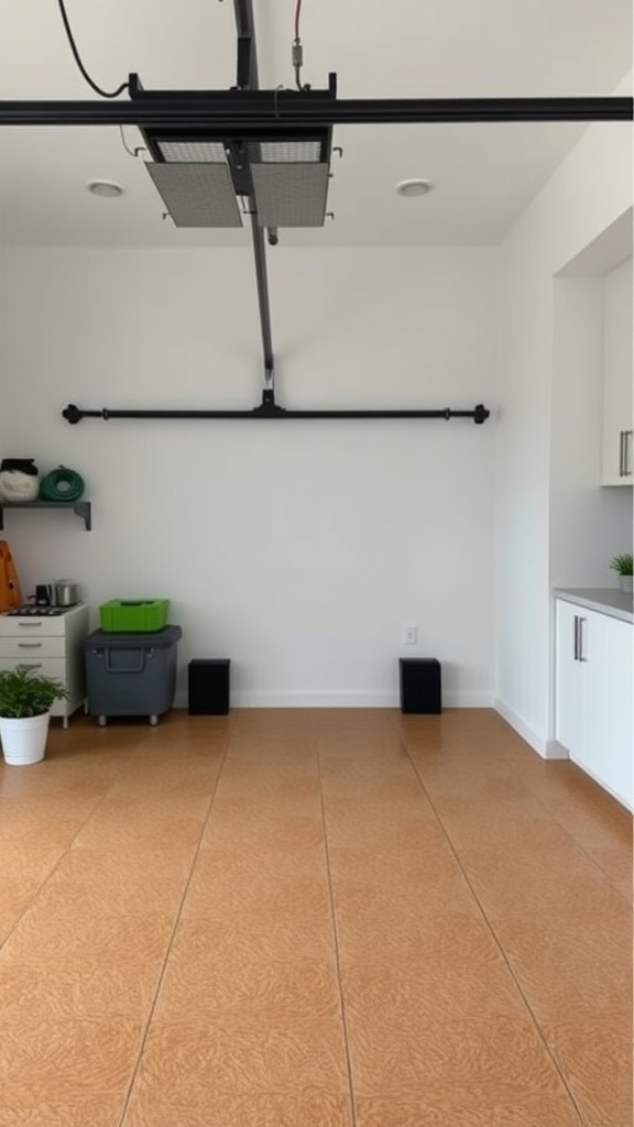 A spacious garage featuring cork flooring with a clean and modern design.