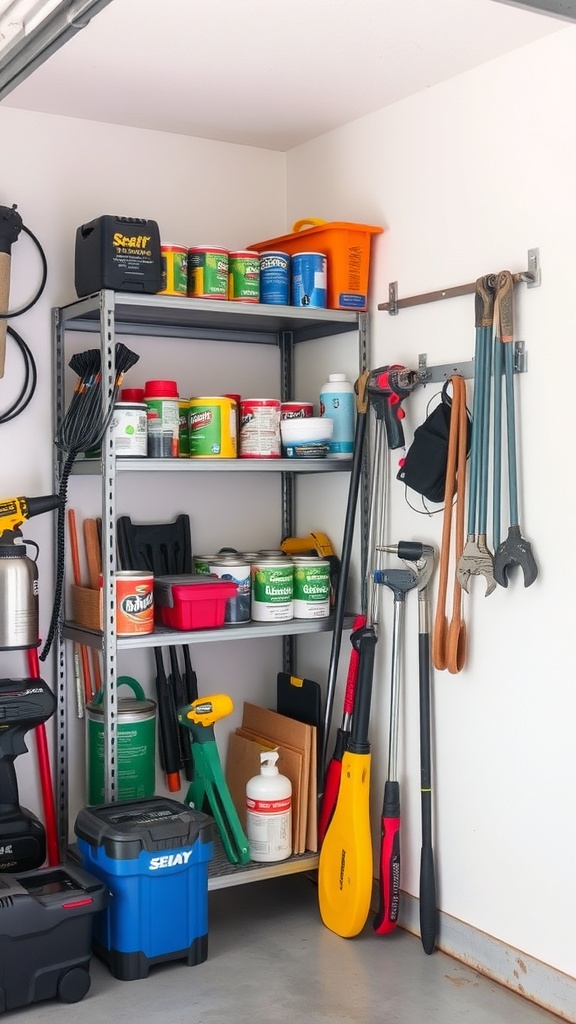 A corner shelving unit in a garage filled with various containers and tools.