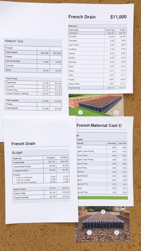 Cost breakdown for French drain installation showing materials and labor expenses.