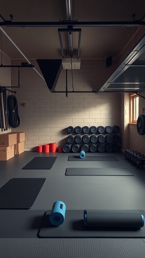 A garage gym with mats, foam rollers, and organized storage for a dedicated stretching area.