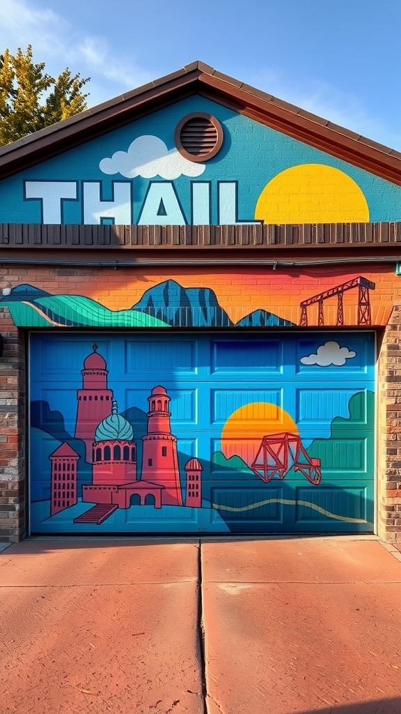 A colorful mural on a garage door featuring buildings, mountains, and a bright sun.
