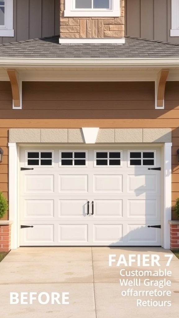 A customizable garage door with a classic design, featuring small windows and black hardware.