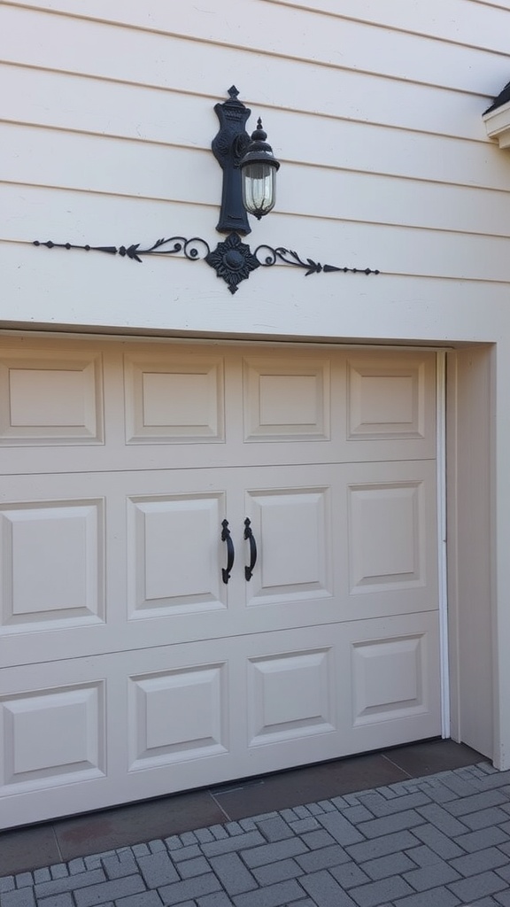 Garage door with decorative black hardware and a light fixture