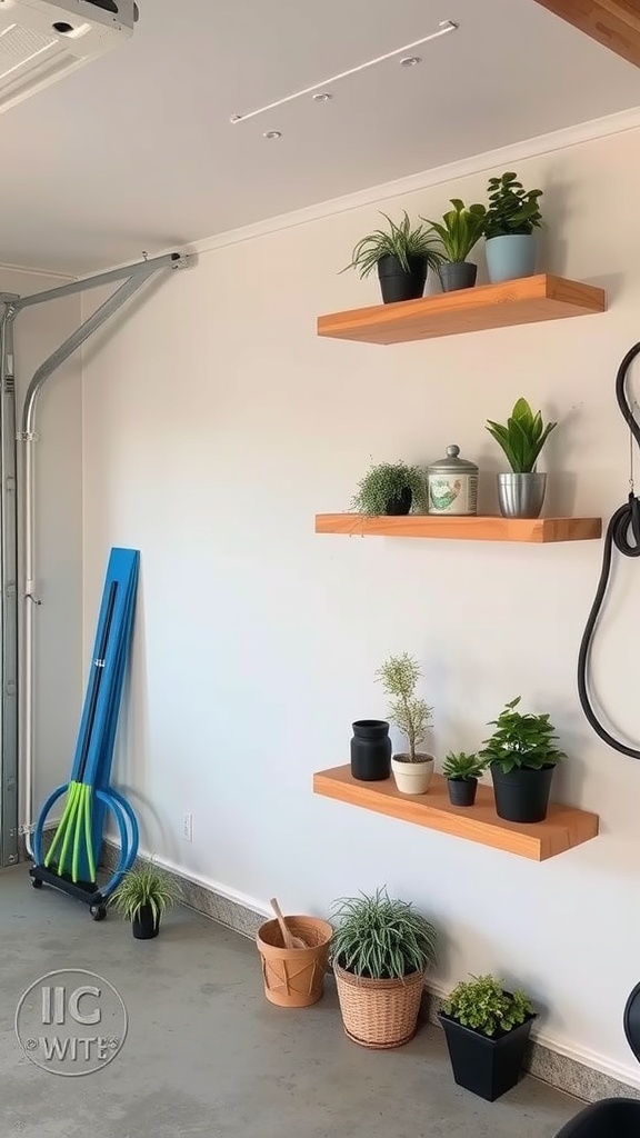 A garage wall featuring three wooden floating shelves with various plants displayed on them.