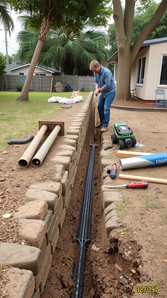A person installing a French drain in a yard, with a trench and drainage pipe visible.