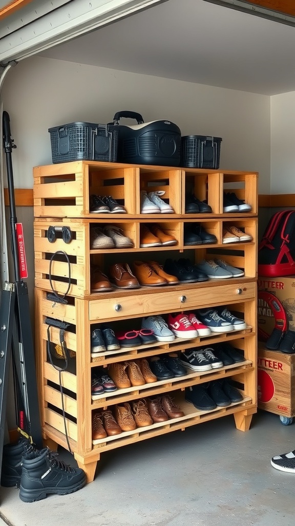 A wooden shoe rack made from old crates, displaying various shoes and storage bins on top.
