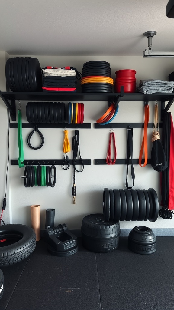 Organized wall-mounted storage in a garage gym with weights and accessories