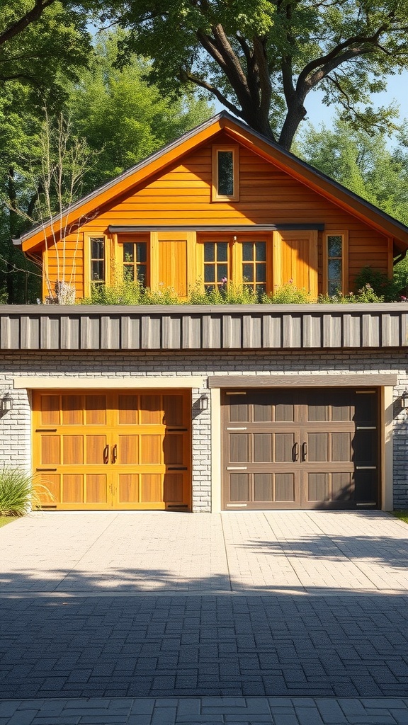 A house with two garage doors, one in warm wood tones and the other in a darker shade, set against a backdrop of greenery.
