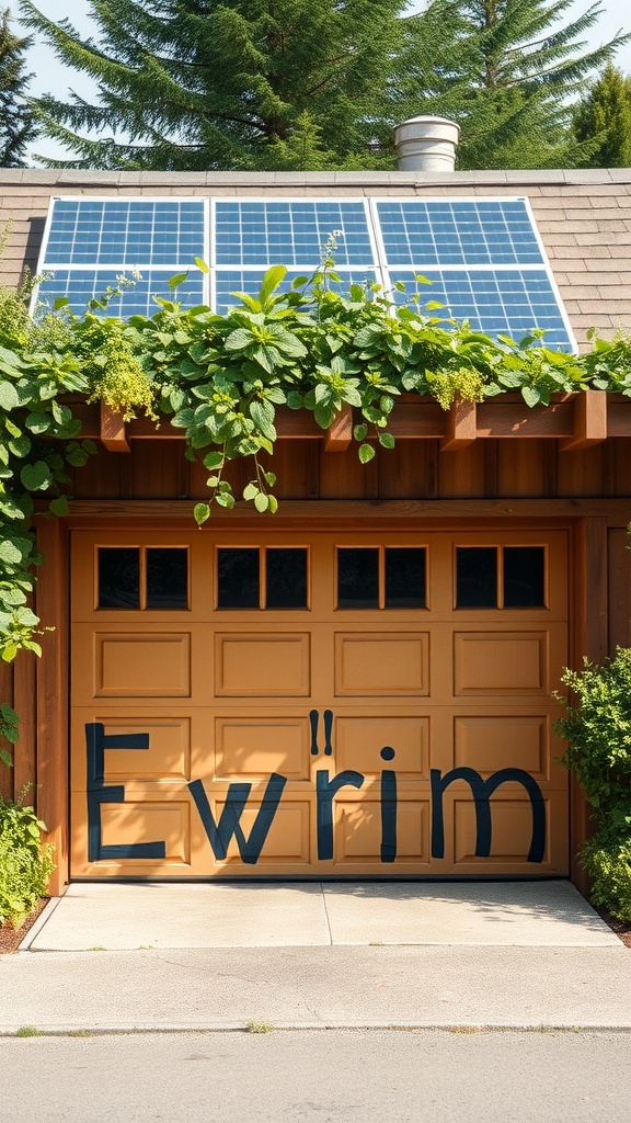 A garage door with solar panels and greenery, showcasing eco-friendly design.