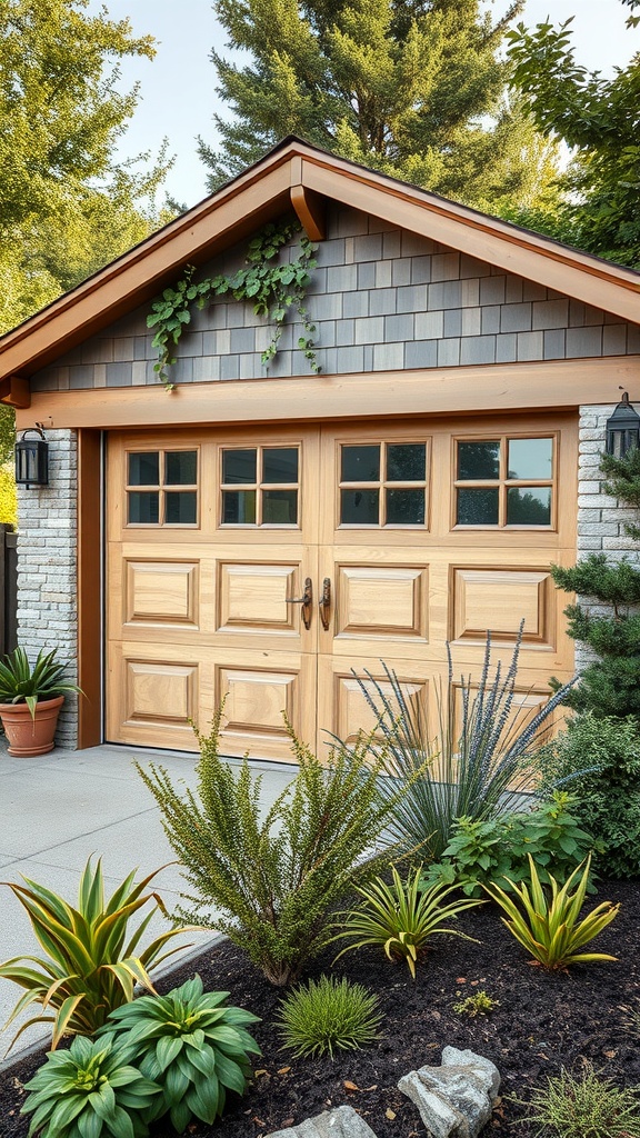 A wooden garage door with glass panels, surrounded by lush greenery and modern landscaping.