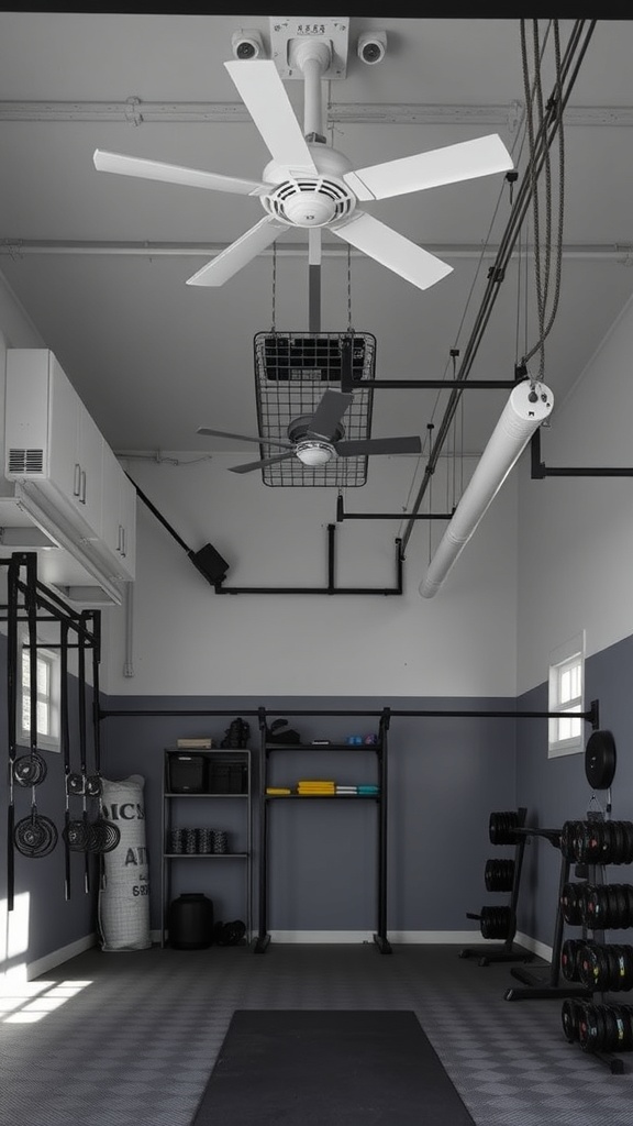 A spacious garage gym featuring ceiling fans and an organized workout area.