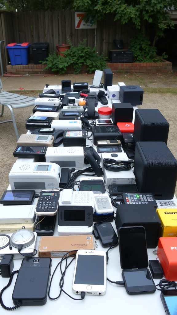 A table filled with various electronics and gadgets for sale at a garage sale.