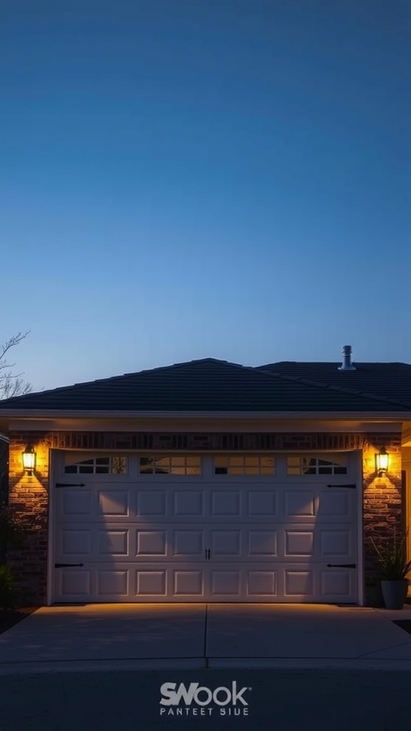 A garage door with warm wall sconces illuminating it at dusk.