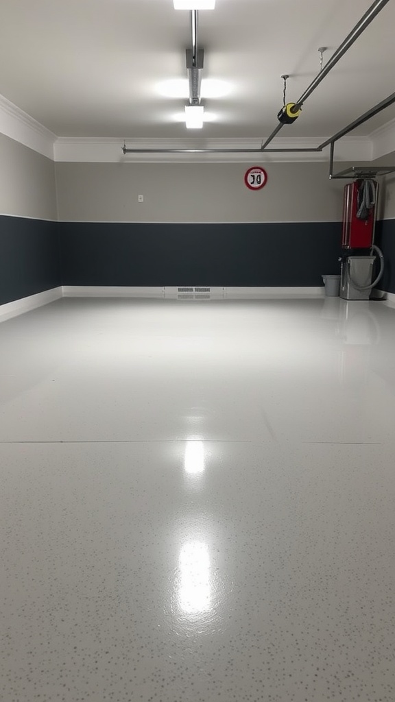 A bright and shiny epoxy-coated garage floor with a clean and modern look.