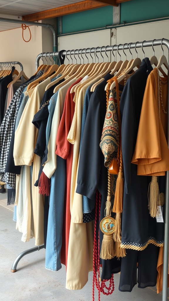 A rack of assorted fashionable clothing and accessories displayed at a garage sale.