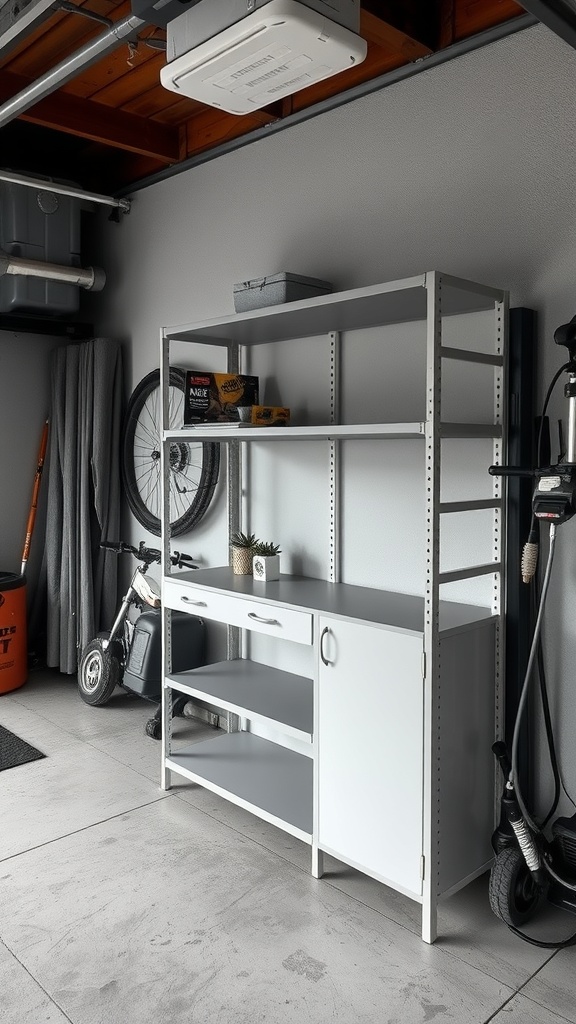 A modern foldable shelf unit in a garage with tools and a bicycle.