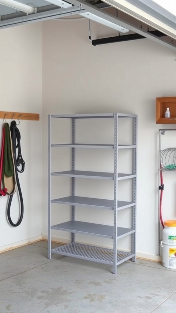 A gray foldable shelving unit in a garage with tools and storage items around.