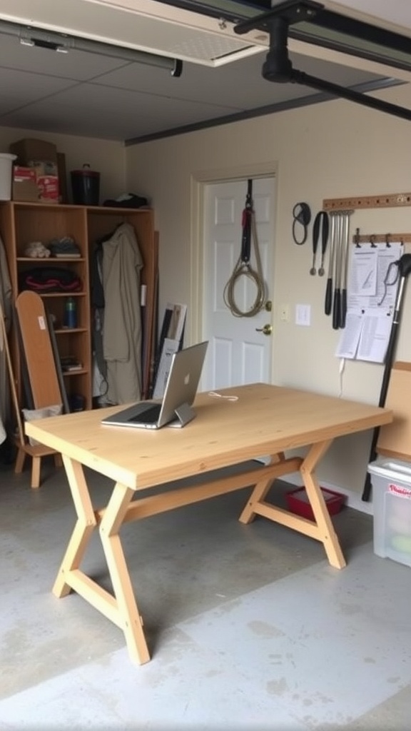A wooden foldable storage table in a garage with a laptop on it.