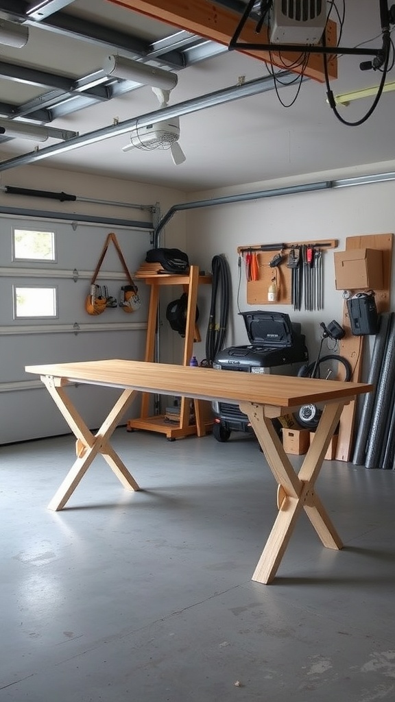 A foldable wooden workbench in a garage with tools and equipment organized on the walls.