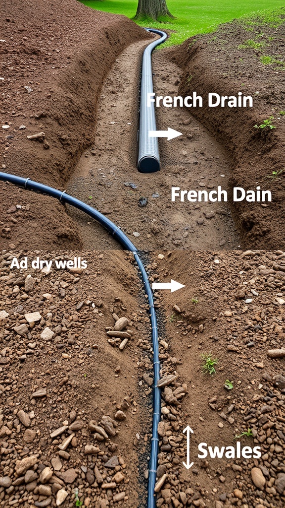 Image showing a French drain system with labeled components including dry wells and swales.