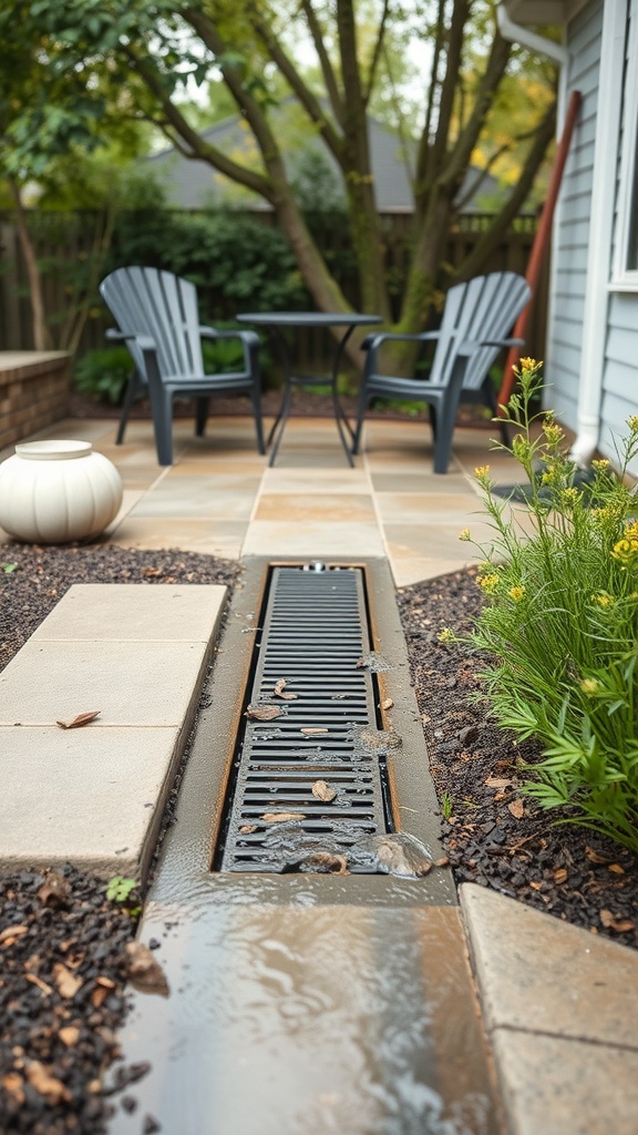 A French drain installed in a patio area, surrounded by pavers and plants.