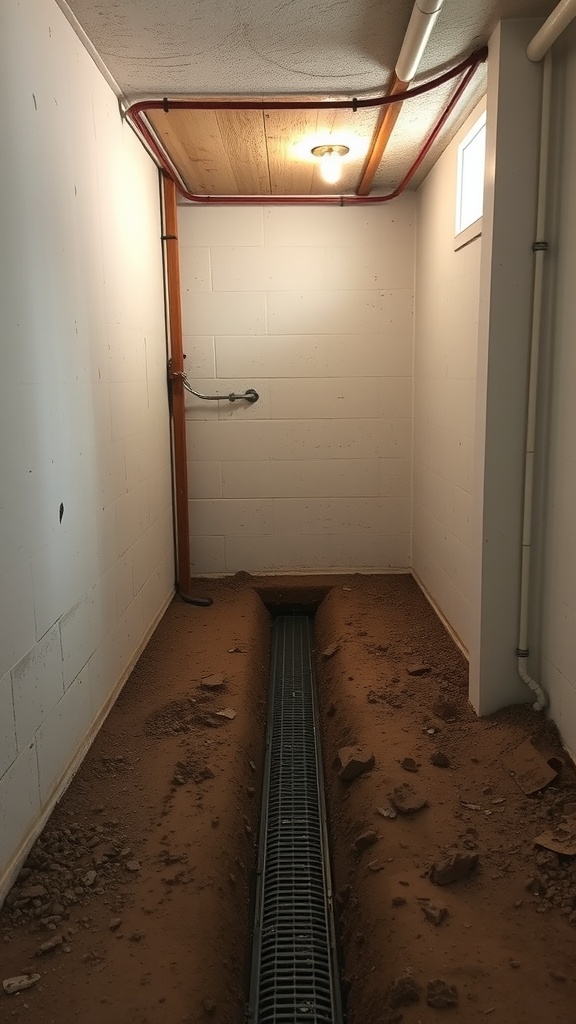 A basement with a French drain system installed, featuring a trench and grate for water drainage.