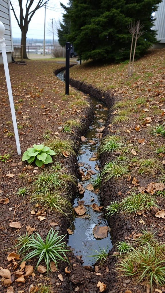 A French drain installed on a slope, showing a trench filled with water, surrounded by grass and leaves.