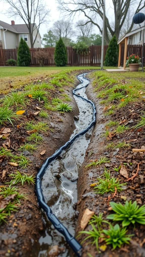 A French drain in a yard, showing a trench with water flowing through it, surrounded by grass and plants.
