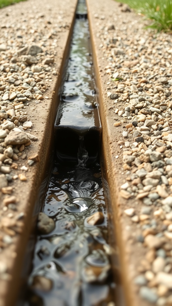 A close-up view of a French drain showing water flowing through a gravel-lined channel.