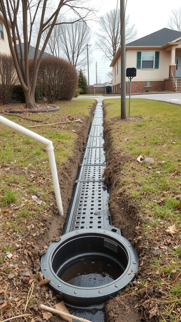 French drain system with a catch basin installed in a yard