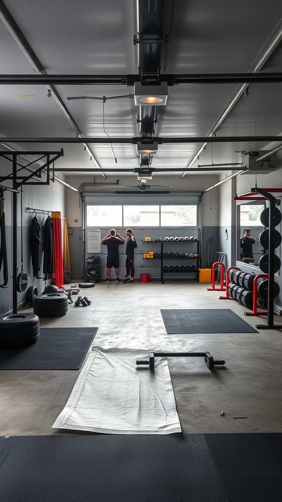 A spacious garage gym featuring functional training zones with weights, mats, and a pull-up bar.