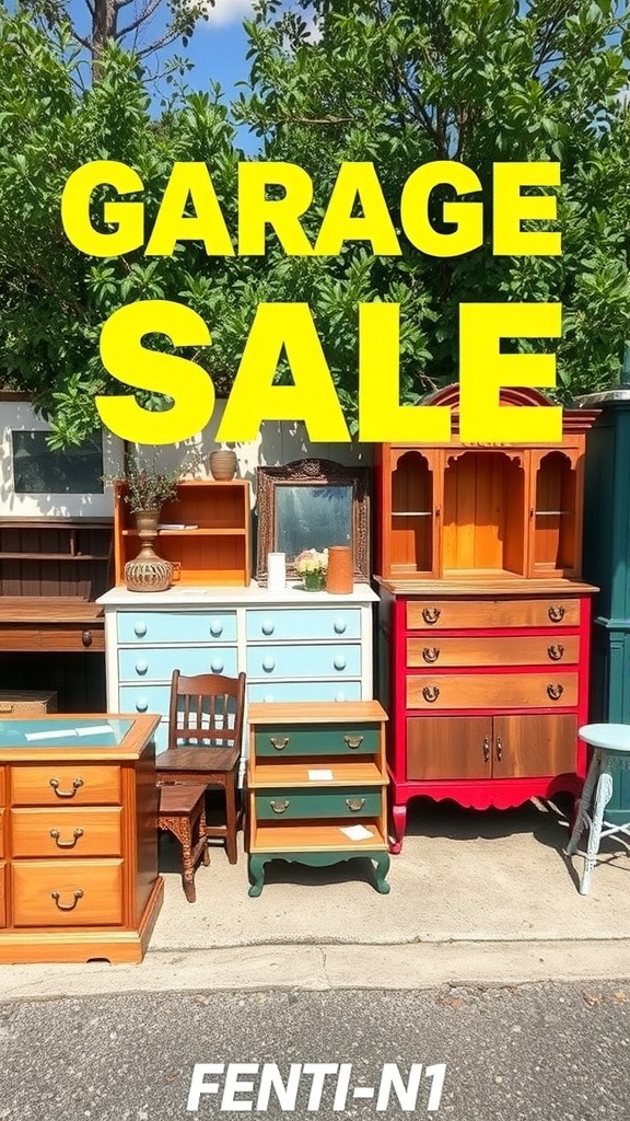 Colorful furniture displayed at a garage sale, including dressers and side tables.