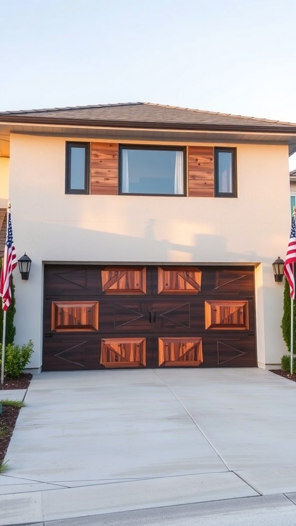 A garage door with unique geometric patterns in dark wood tones and lighter accents, enhancing the home's exterior.