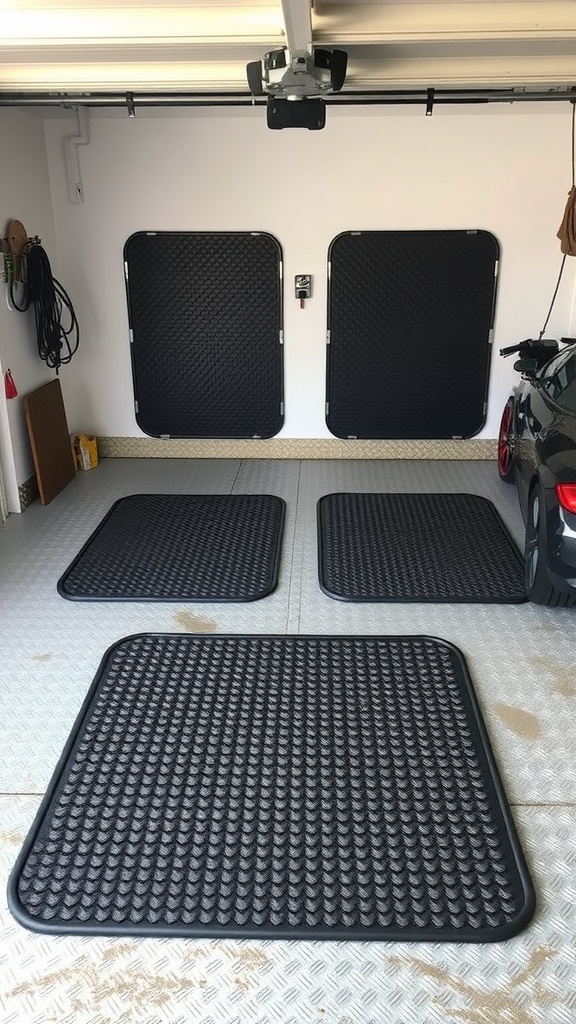 Garage floor mats laid out on a textured floor with a car parked nearby.