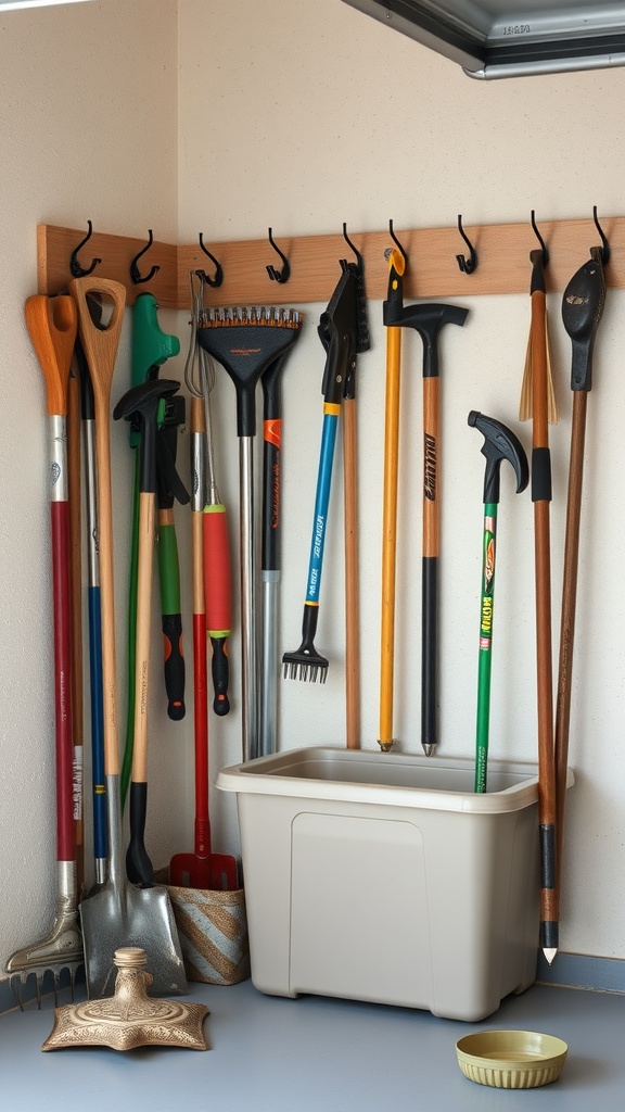A wall-mounted rack displaying various garden tools, including shovels, rakes, and hoes, with a storage bin below.