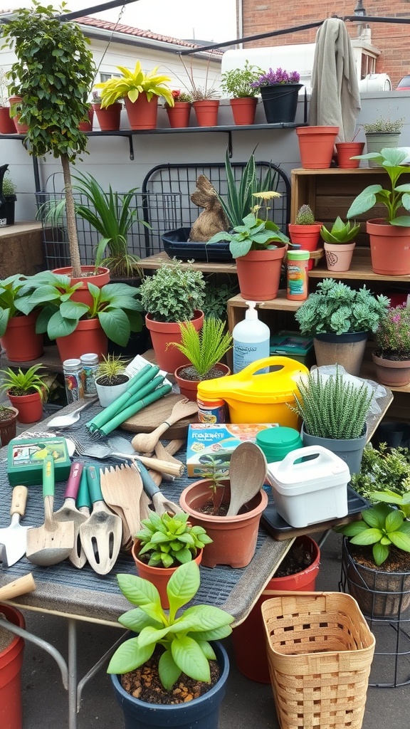 A collection of gardening tools, pots, and plants displayed on a table.