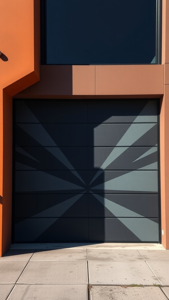 A garage door with a geometric pattern, featuring sharp lines and angles, set against an orange wall.