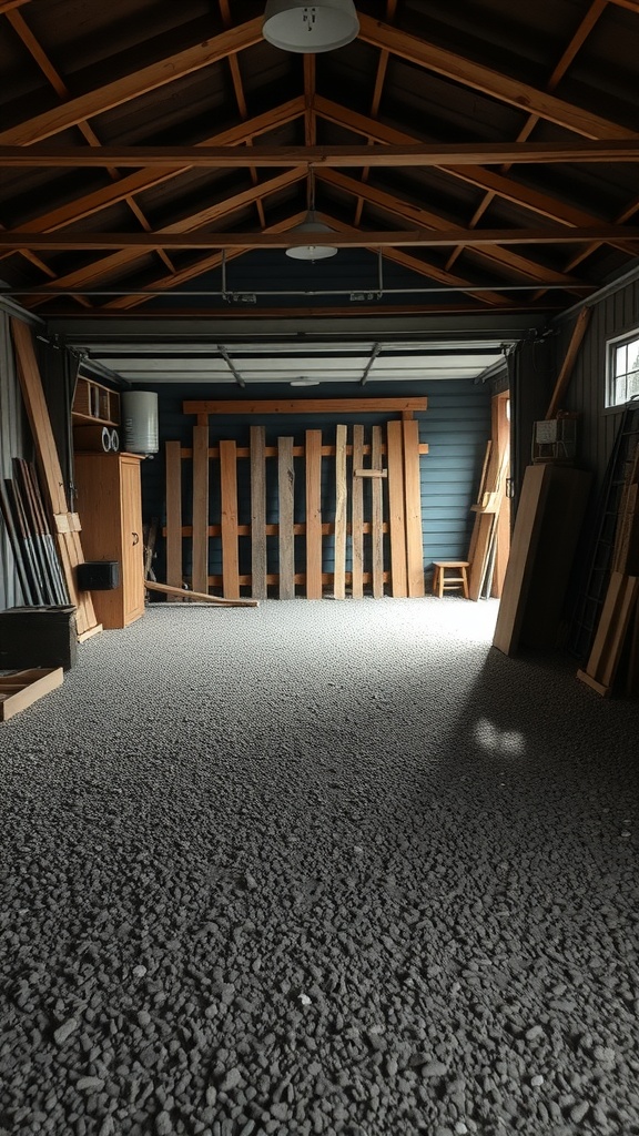 A spacious garage with a gravel floor and wooden beams, showcasing a rustic feel.