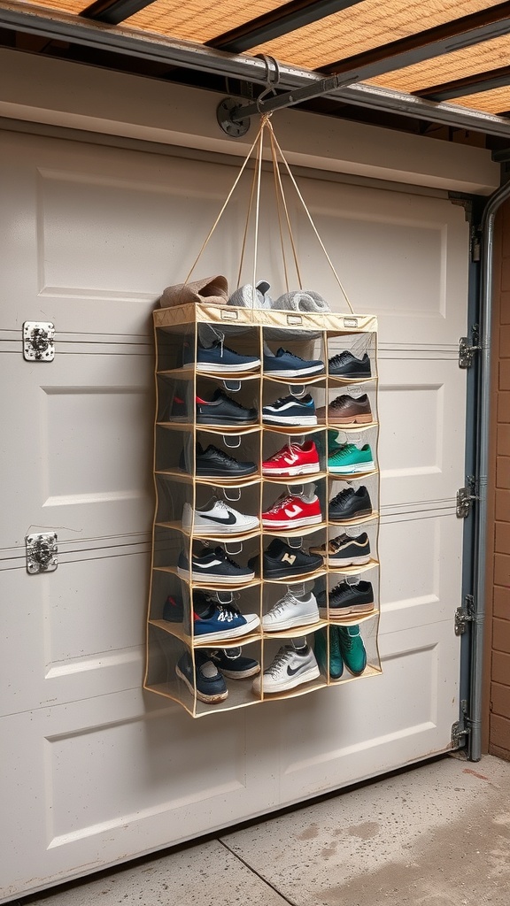 Hanging shoe organizer with various shoes displayed, attached to a garage door.