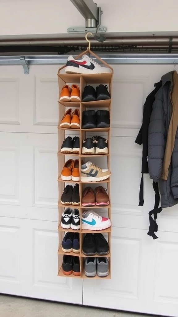 A hanging shoe organizer with various shoes displayed, attached to a garage wall.