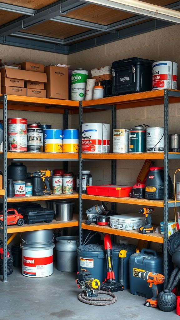 A garage with heavy-duty shelves filled with various tools, containers, and equipment.