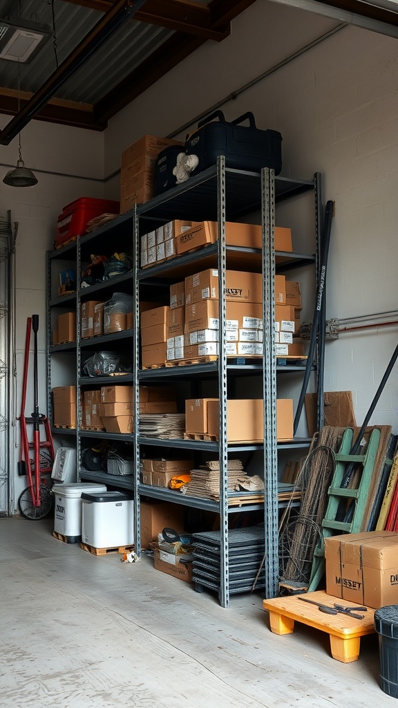 Heavy-duty metal shelving unit filled with boxes and tools in a garage