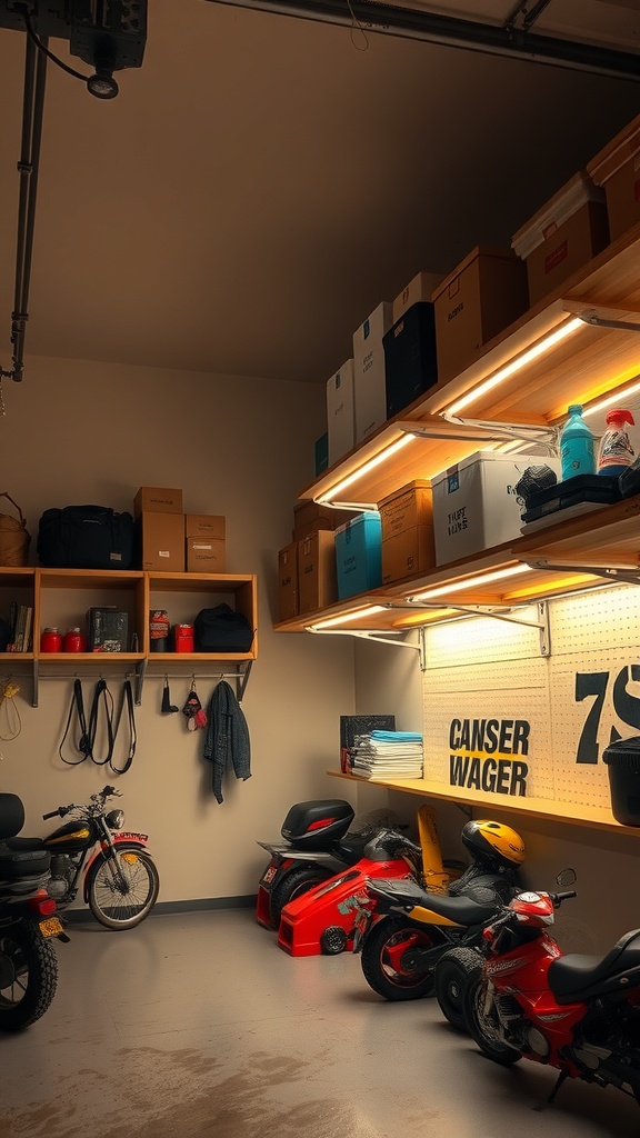 A well-organized garage with illuminated shelving displaying various items.
