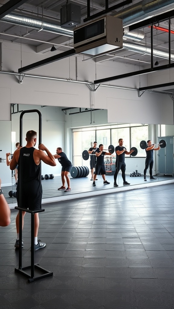 A gym with mirrors, showing individuals lifting weights and checking their form.