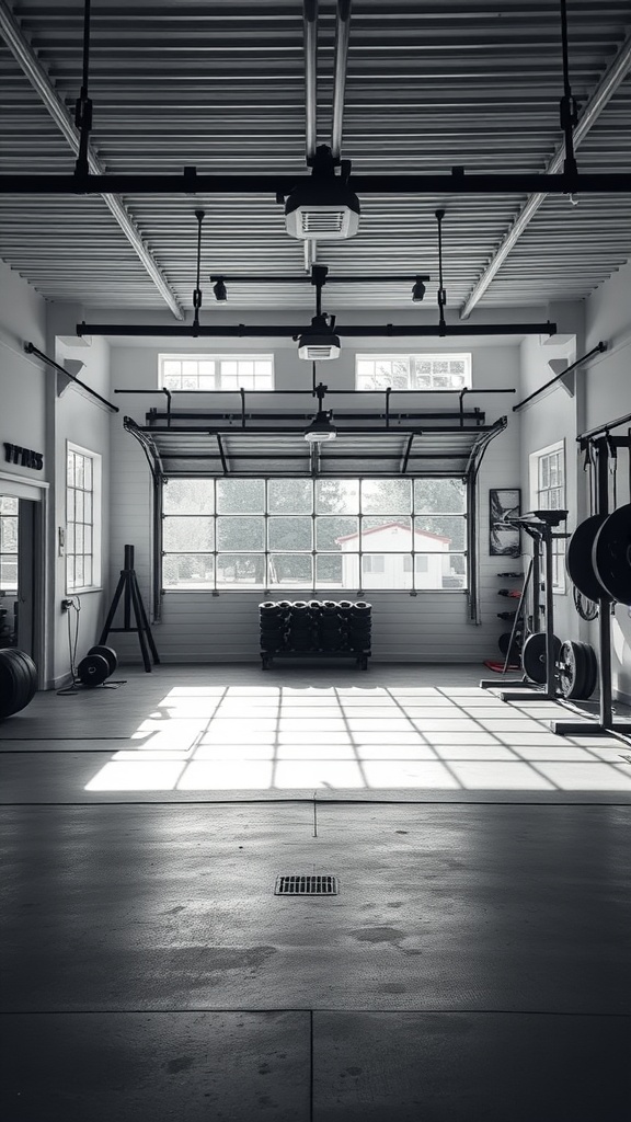 A spacious garage gym with large windows allowing natural light to fill the space.