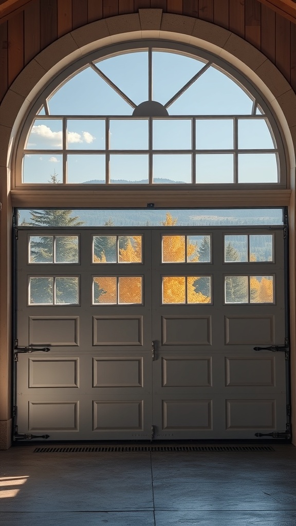 A garage door with large windows allowing natural light to enter, showcasing a beautiful view of the outdoors.