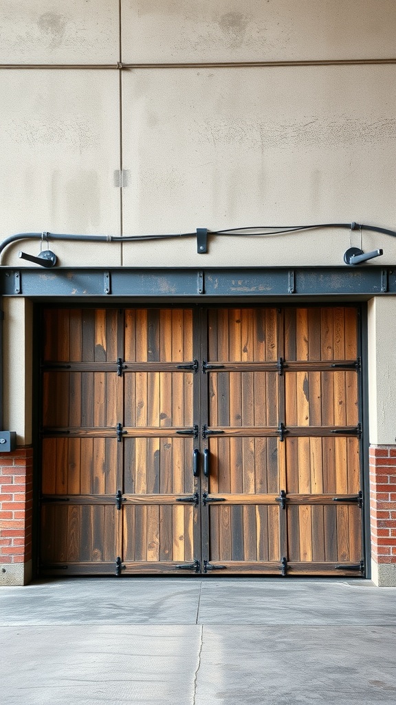 Industrial style garage door featuring wooden panels and black metal accents.